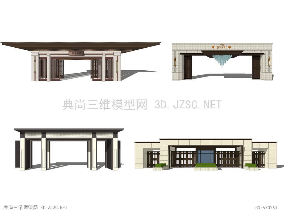 新中式入口大门主入口小区大门院门门头景区大门别墅大门4su模型