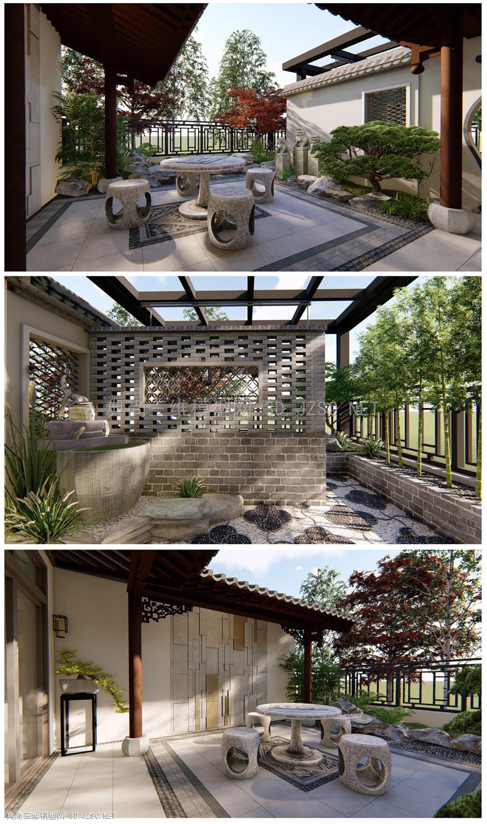 新中式别墅庭院屋顶花园景墙地面拼花