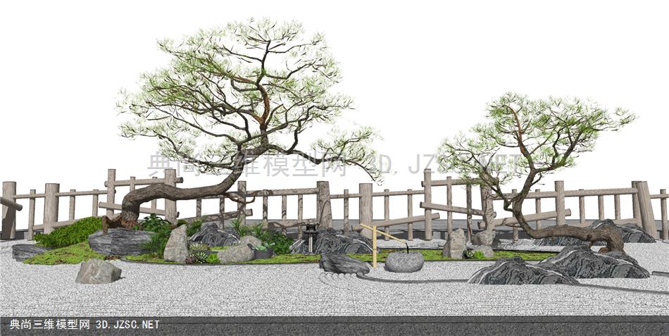新中式景观小品 庭院景观 枯山水 松树 跌水景观 木围栏 原创