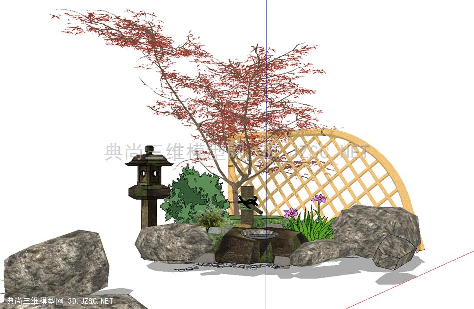 日式流水3 中式风格景观小品 竹篱笆 石灯笼 庭院景观 置石 