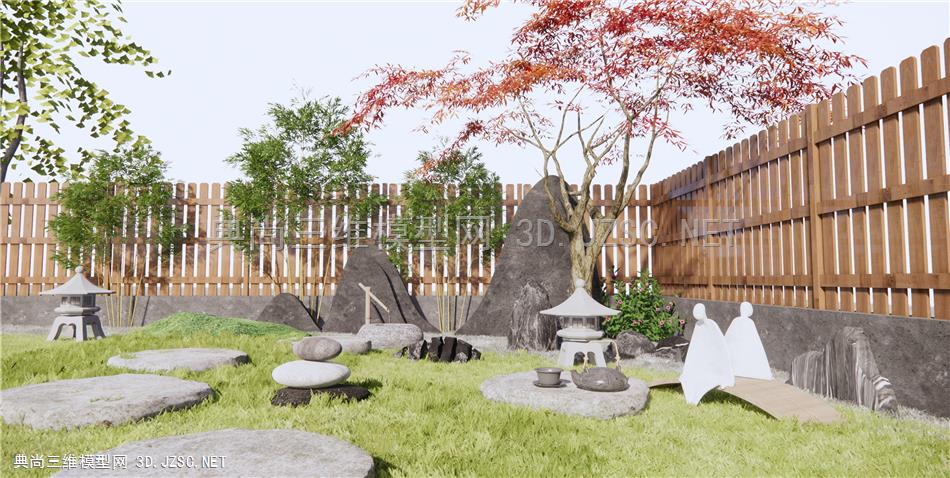 日式庭院景观 景观小品 枯山水石 禅意景观 木围栏 石头 原创su模型