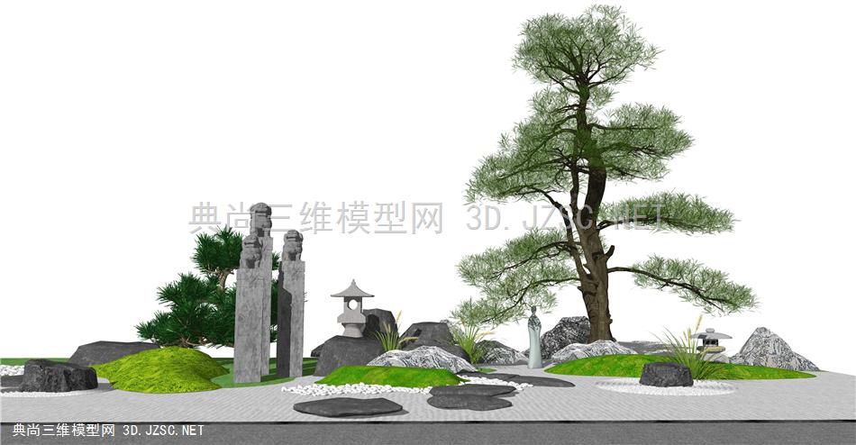 新中式禅意庭院 景观小品 松树景观 拴马柱 枯山水园艺景观小品 假山