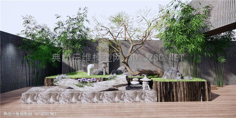 新中式庭院景观 屋顶花园 景观小品 石头假山 松树 禅意景观 原创