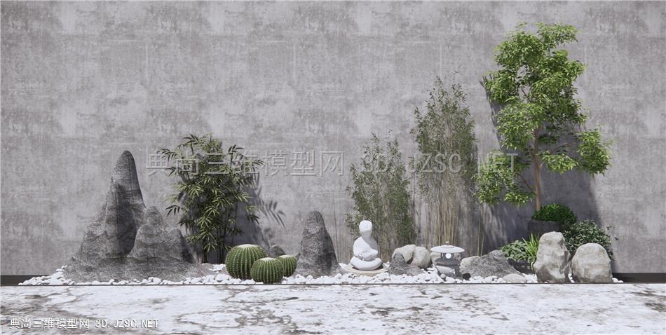 新中式景观小品石头假山禅意景观户外植物竹子庭院小景原创su模型