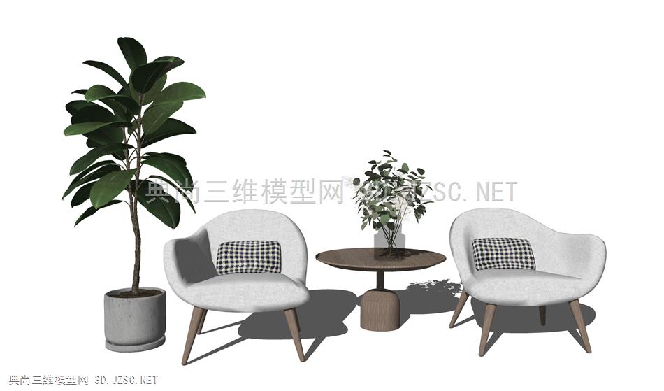 现代风格休闲桌椅 单人休闲椅 植物盆栽 原创