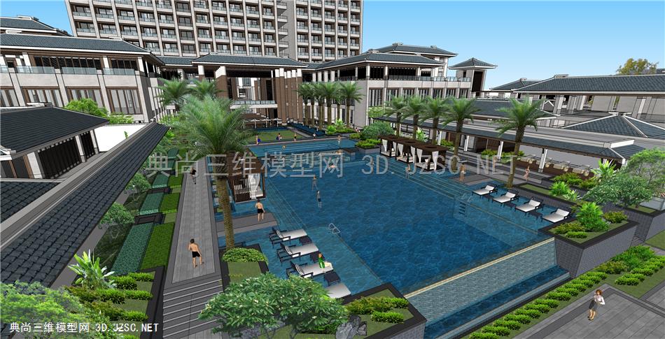 中式温泉度假酒店建筑景观设计SU模型
