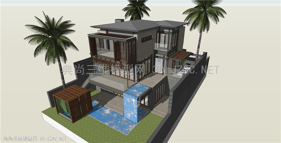 现代独栋海滨别墅建筑设计SU模型