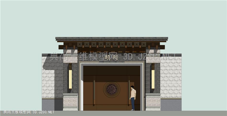 中式大宅门头入口建筑设计SU模型