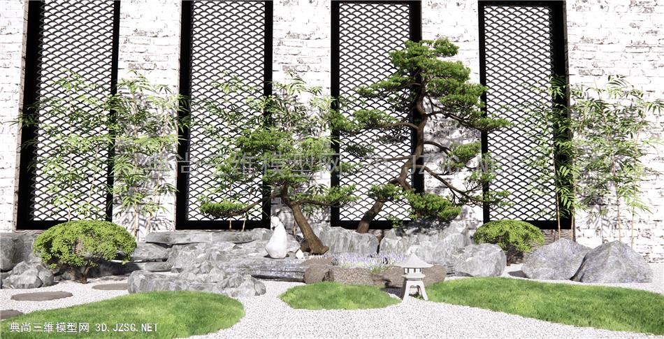 新中式庭院景观 假山石头 景观松树 禅意景观 景墙围墙 竹子 原创