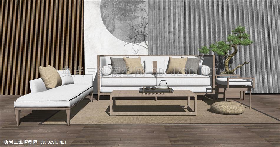 新中式组合沙发 茶几 茶具饰品 沙发椅 抱枕 植物摆件 原创