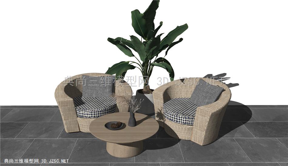 现代户外休闲沙发 单人沙发 藤编沙发 植物盆栽 原创