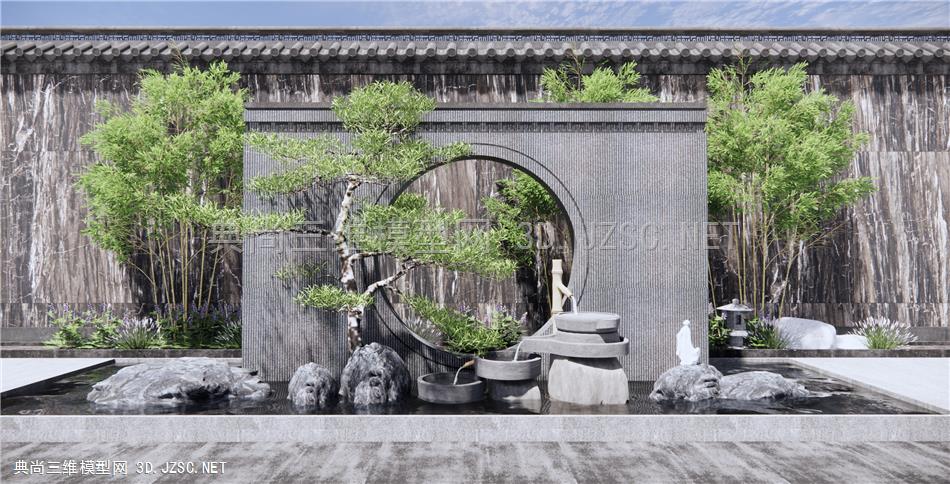 新中式景墙水景 庭院景观小品 跌水景观 景墙围墙 松树 竹子 石头岩石 原创
