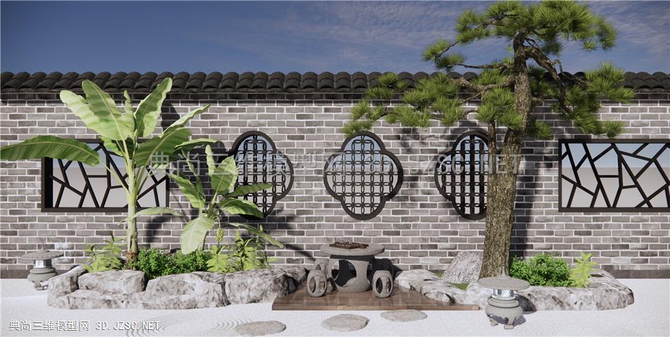 新中式庭院景观 景墙围墙 松树 石头 景观小品 石桌 民宿庭院 原创