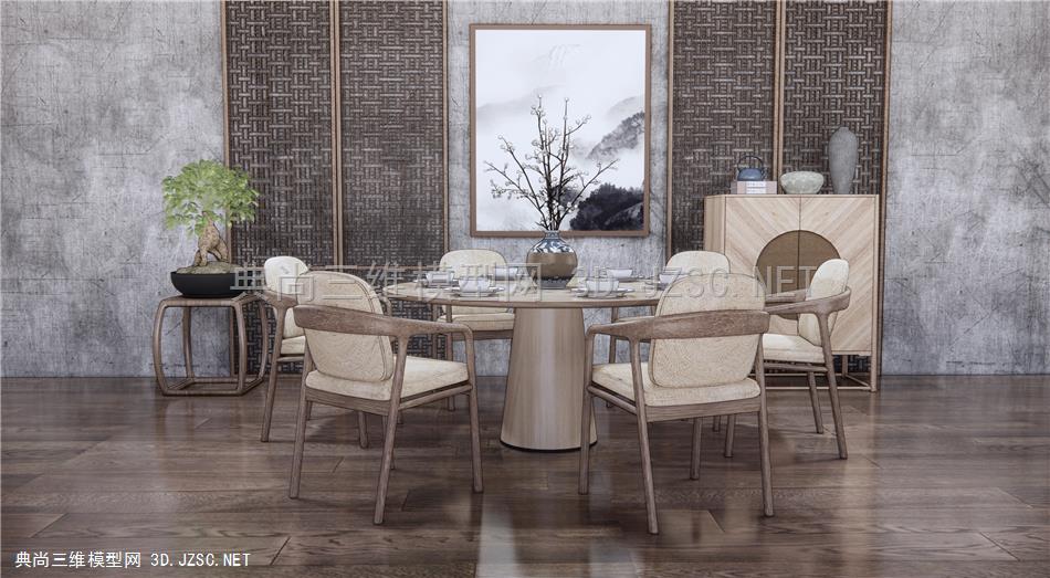 新中式餐桌椅 餐厅 休闲椅 餐边柜 中式盆栽 原创
