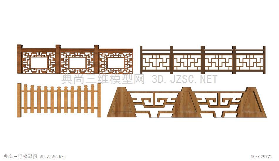 中式木质栏杆围栏栅栏21su模型