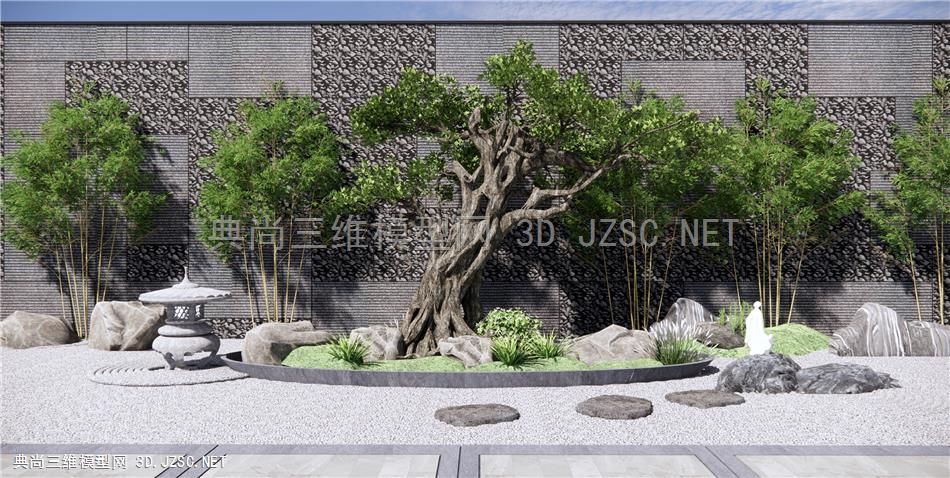 新中式庭院景观 景观树 松树石头 景墙围墙 竹子 禅意景观 原创