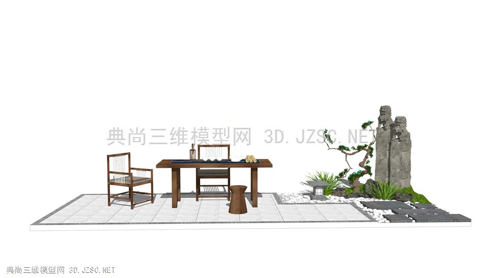 新中式庭院景观 景观小品 盆栽 书桌 鹅卵石 枯山水 石头 su模型