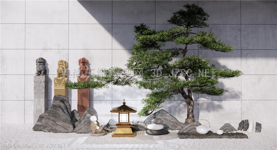 新中式景观小品 假山石头 禅意庭院景观 拴马桩 松树 景观树 原创