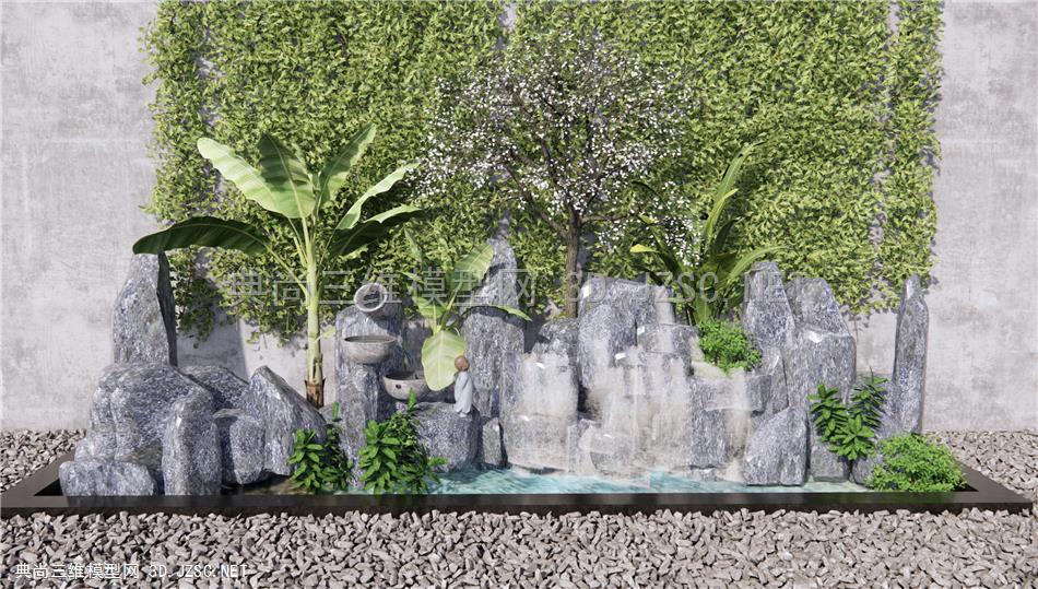 新中式假山水景 庭院景观小品 石头岩石 景观植物 景观树 原创