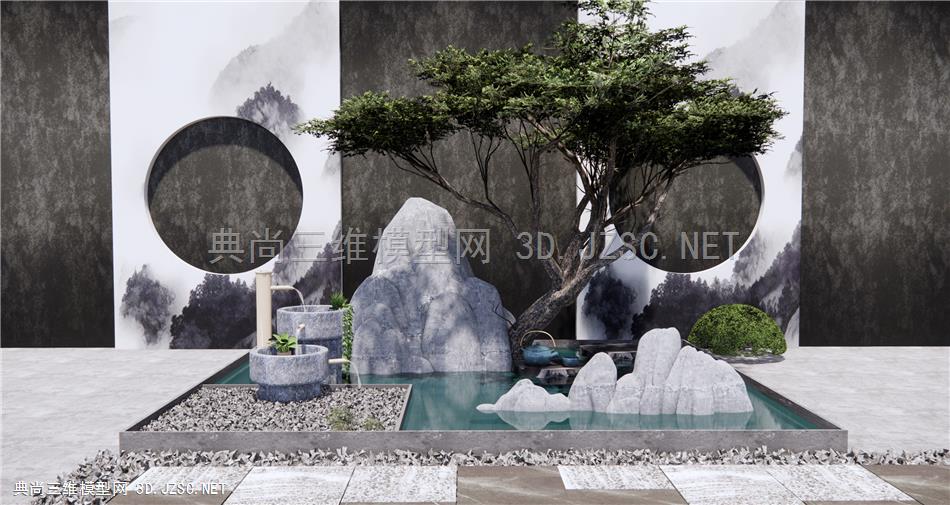 新中式假山水景景观树禅意庭院景观景墙围墙流水景观小品原创su模型