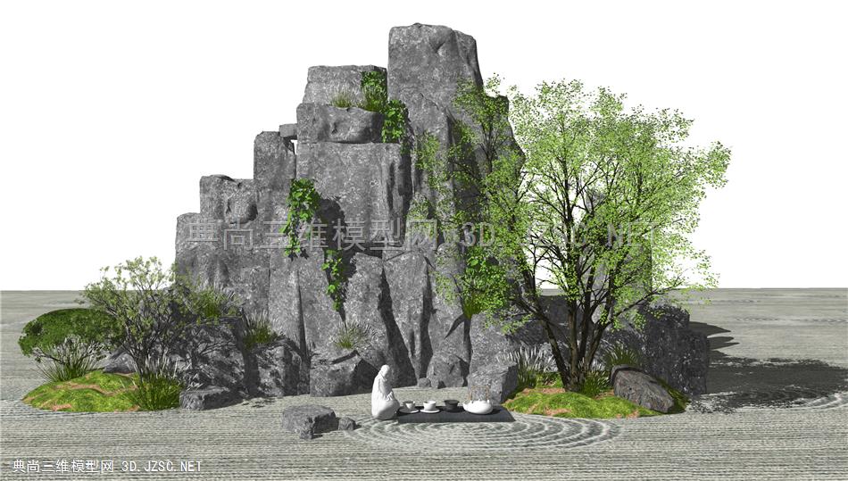 新中式假山叠石 松树石头 景观小品 禅意庭院景观 原创su模型