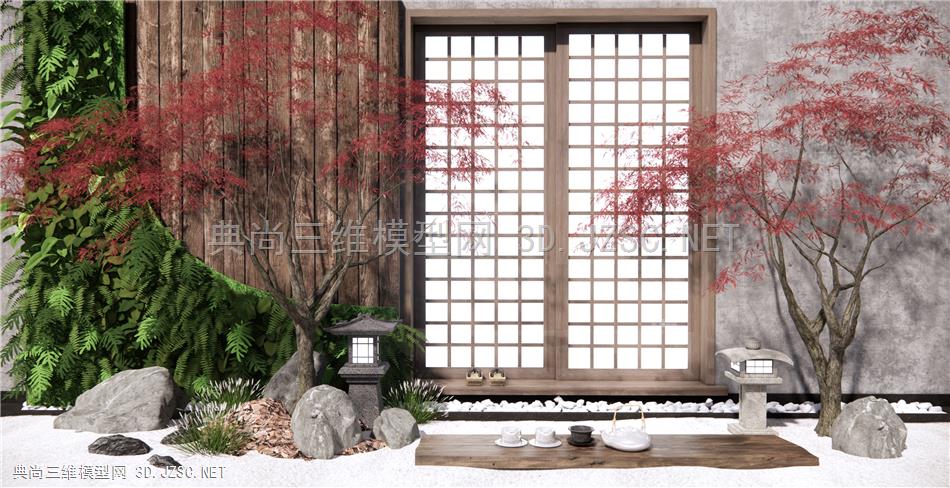 日式风格庭院景观 茶桌茶具 植物墙 绿植墙 景观小品 禅意庭院景观