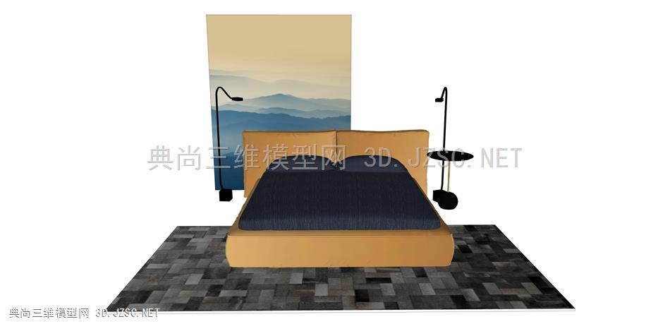 现代风格双人床 单人床 床组合 枕头 床单 被子 台灯 床头柜 挂画 3huh床组合