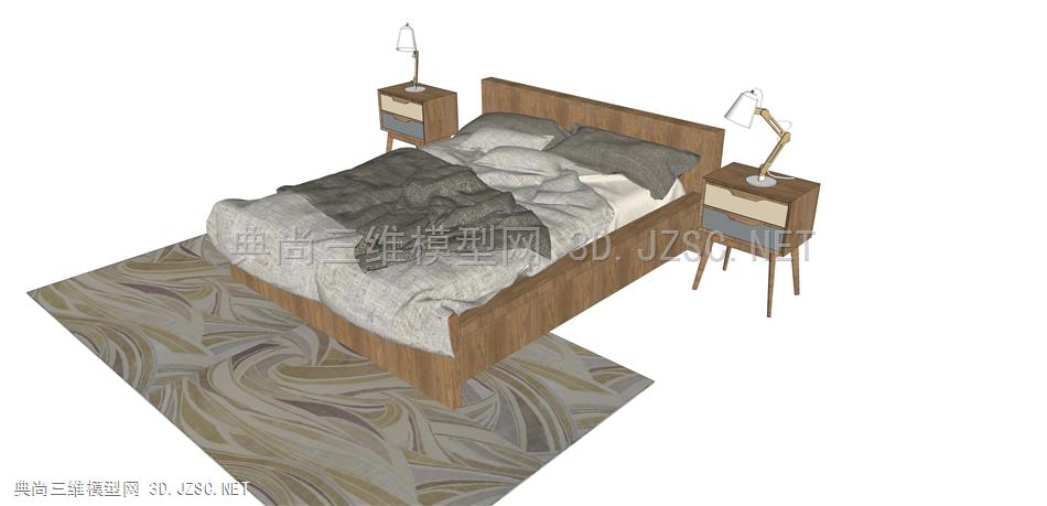 现代风格双人床 床组合 枕头 床单 被子 台灯 床头柜 1av床组合