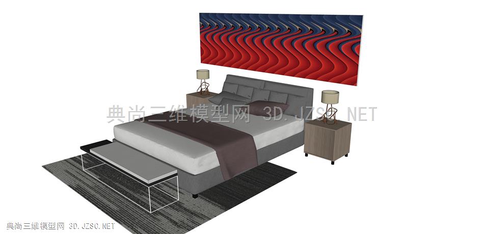 现代风格双人床 单人床 床组合 枕头 床单 被子 台灯 床头柜 挂画 配套 15床组合