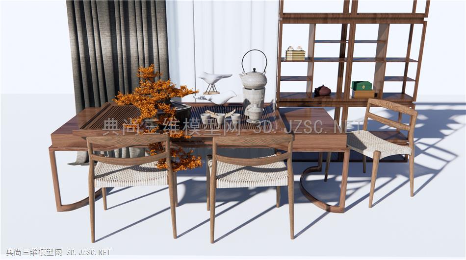 新中式茶桌椅 松树盆景 茶壶 茶杯 茶台茶具摆件 原创
