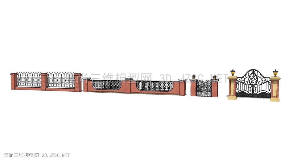 欧式小区景墙铁艺围墙(1)su模型