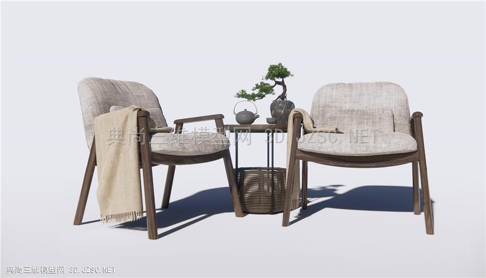 新中式休闲椅 松树盆栽 单人沙发 原创