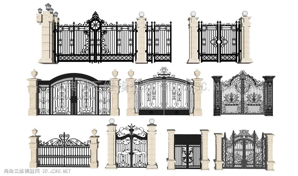 欧式铁艺雕花大门铁艺庭院别墅大门原创su模型