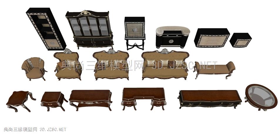 欧式家具组合 欧式沙发 餐椅 床头柜 妆台 酒柜 装饰柜