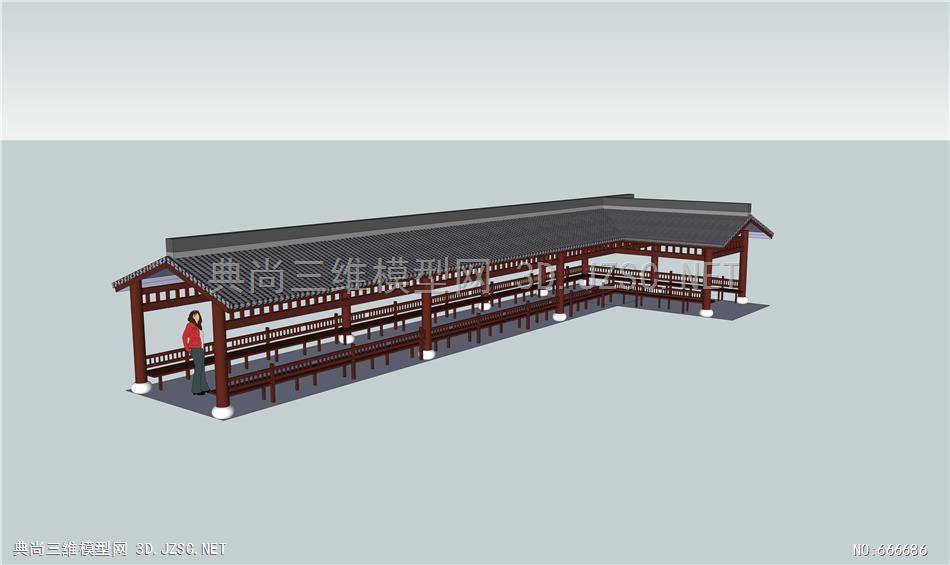 l型连廊长廊赵岭美人靠木结构中式廊架su模型