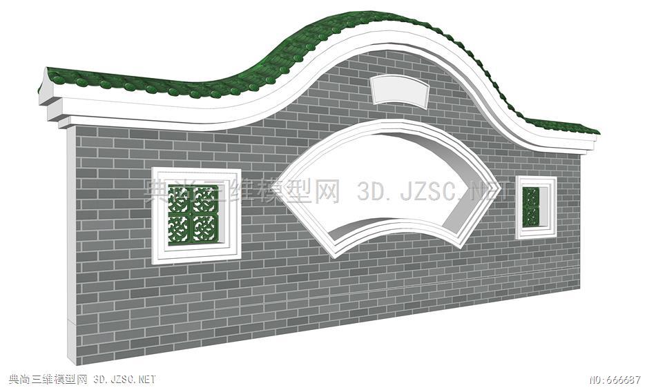 岭南风格景墙 扇形漏窗 新中式景墙 中式琉璃瓦窗花su模型