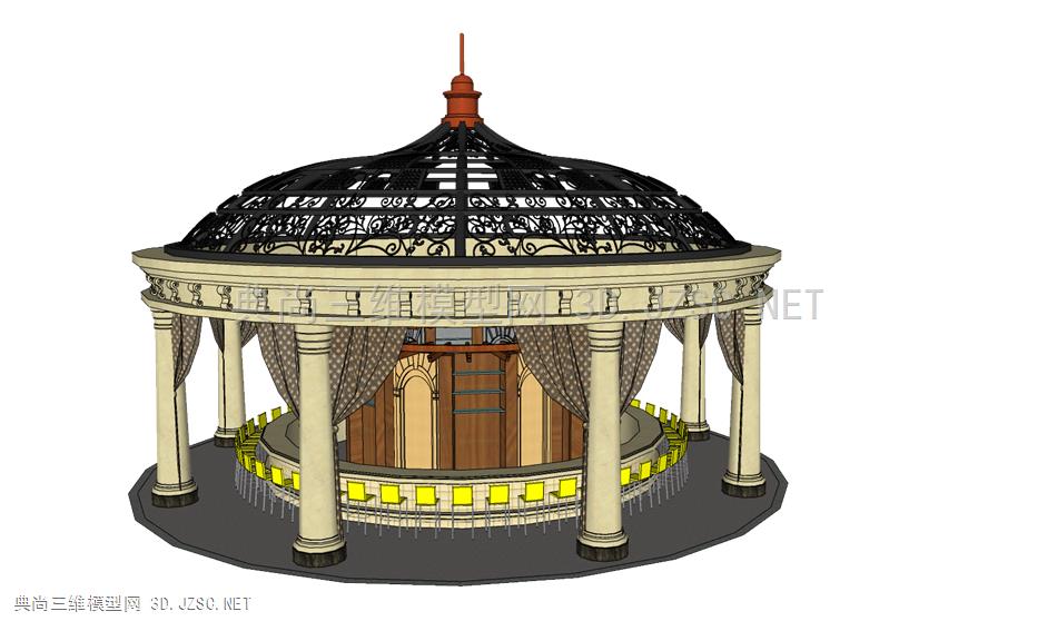 欧式 室外吧台 室外圆形餐厅 镂空铁艺顶 圆柱 SU模型下载