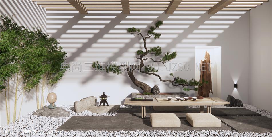 新中式茶室民宿庭院景观枯山水石景观小品原创su模型