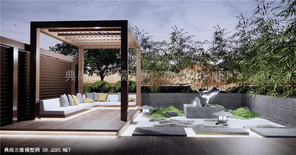 新中式庭院景观 户外沙发 枯山石松树 廊架亭子 原创