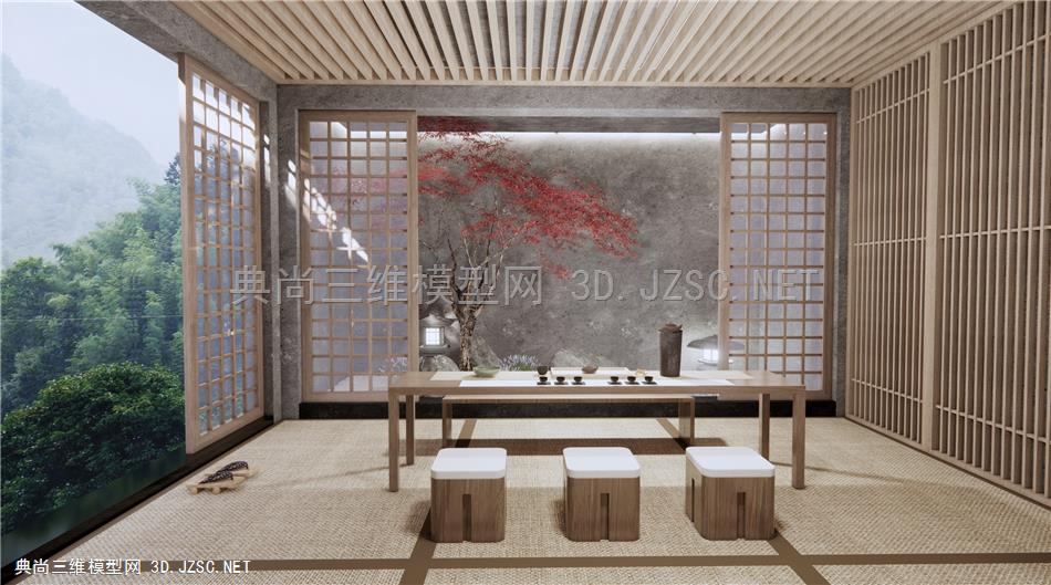 日式茶室 茶桌椅 玄关小景 枫树石头景观小品 原创