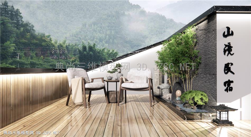 新中式民宿庭院小景 假山水景 休闲桌椅 屋顶花园景观