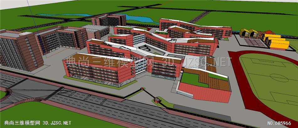 线状布局的校园SU模型 现代风格学校幼儿园 学校建筑1