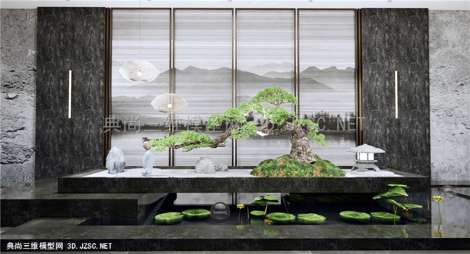 新中式迎客松水景 庭院景观小品 景墙围墙 禅意景观 售楼处水景小品 原创