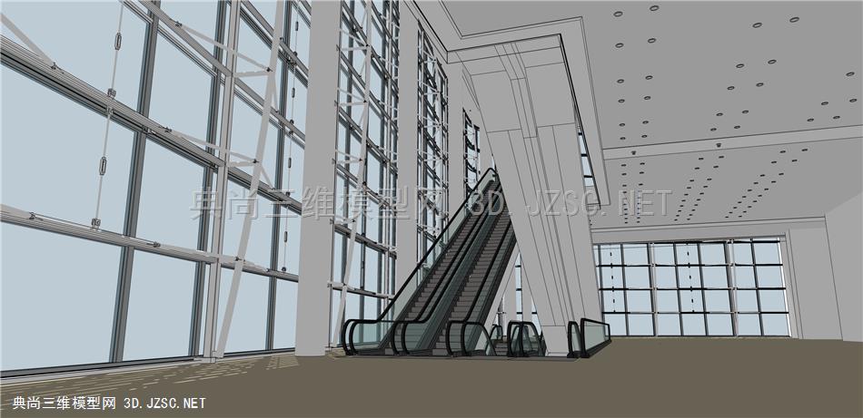 工装-机场扶手梯和玻璃幕墙-su模型下载