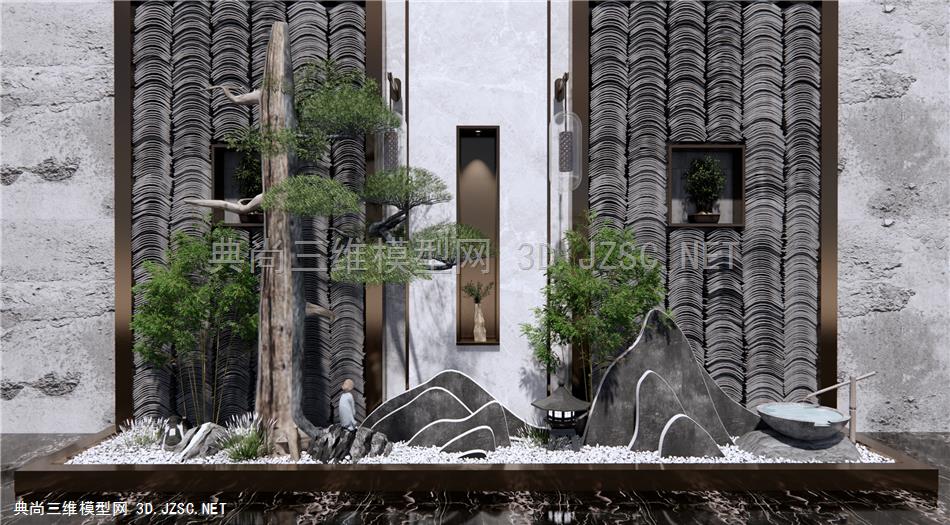 新中式造型背景墙 装饰墙 枯山水园艺景观小品 景观树 山形石头 瓦片 枯树 原创