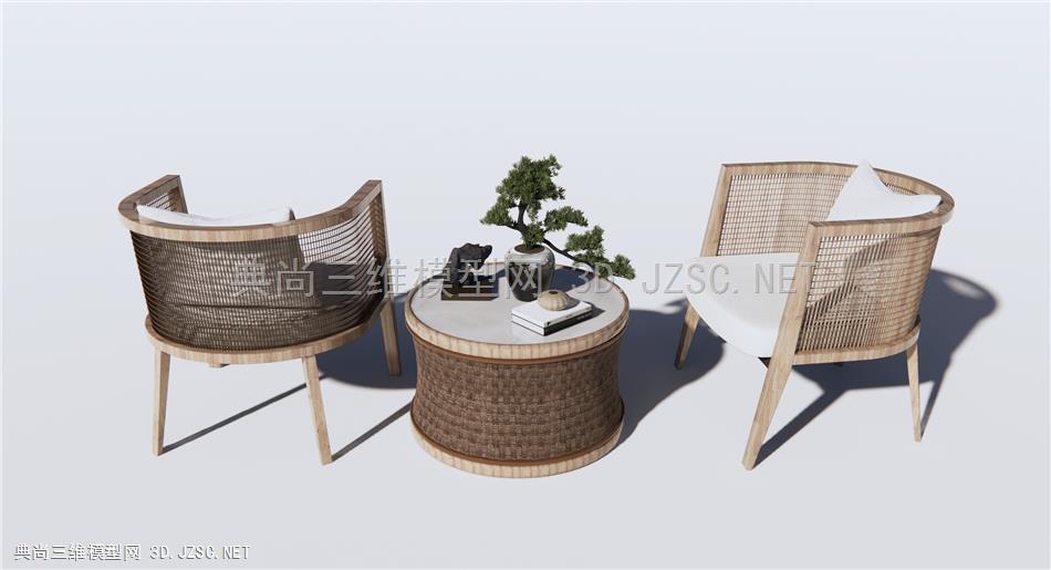 新中式单人沙发茶几 藤编休闲沙发 户外沙发 松树盆栽摆件 原创