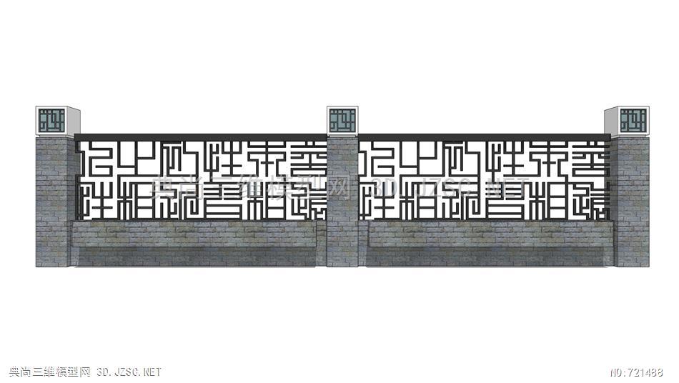 新中式景墙围墙 铁艺围墙 围栏 护栏(43)su模型