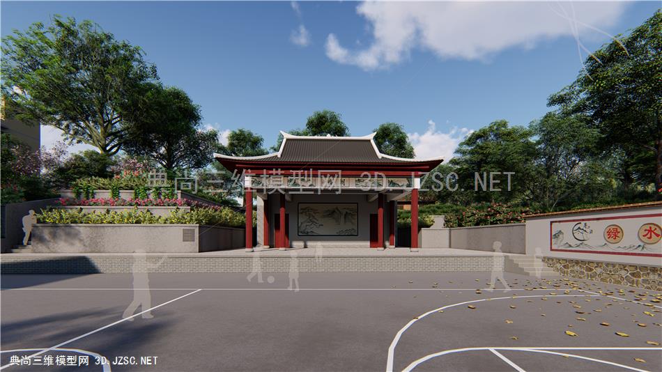 广西村庄模型瑶族美丽乡村戏台廊架池塘建筑改造