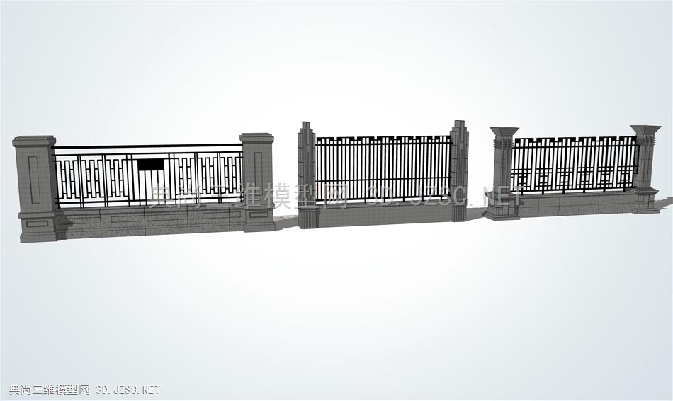 新中式铁栏杆围墙su模型