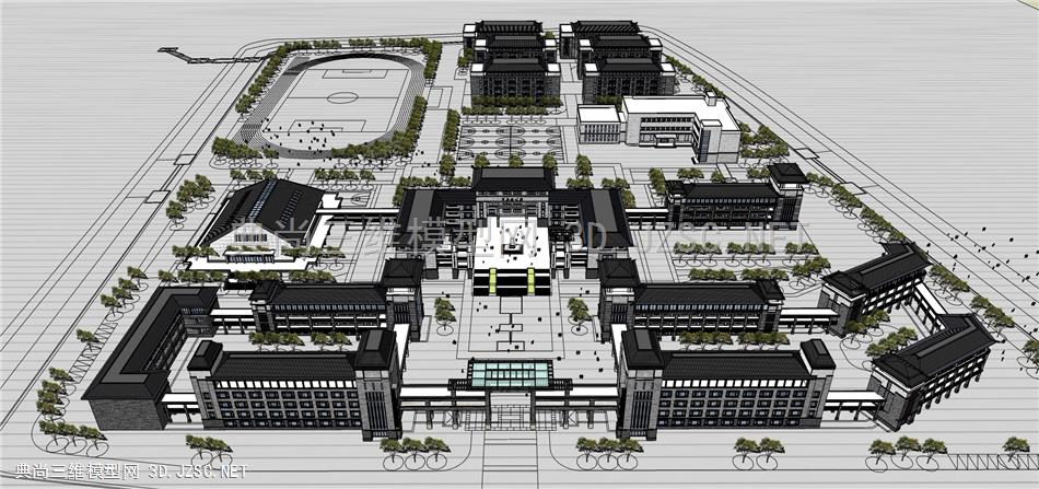 三维模型学校模型su模型新中式中学校园教育建筑